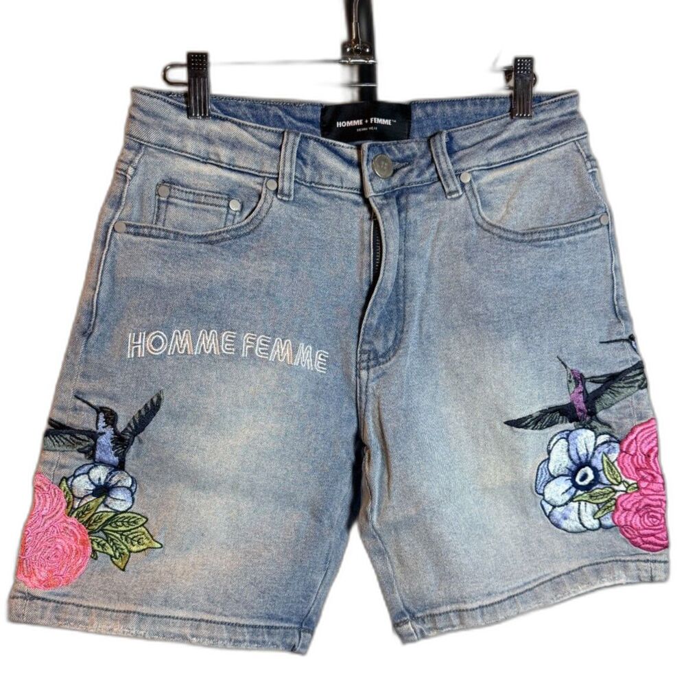 NWT Homme + Femme Paradise Denim Embroidered Shorts size 28